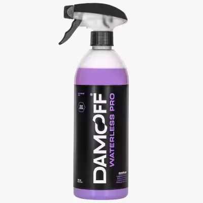 Frasco de spray com líquido roxo e rótulo preto DAMOFF WATERLESS PRO