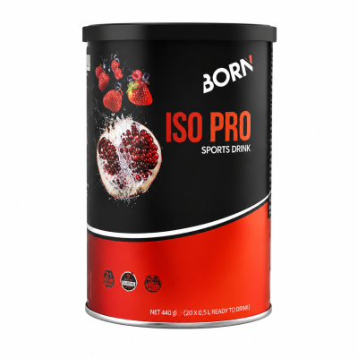 Embalagem de bebida desportiva ISO PRO BORN com romã e frutos silvestres