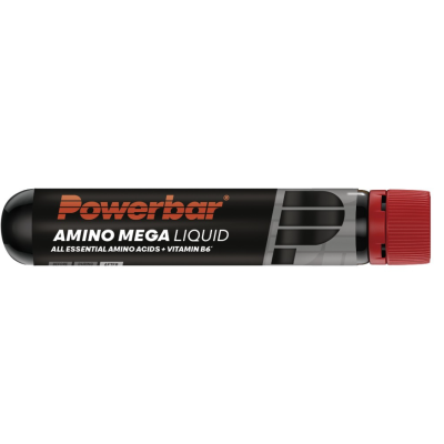 Frasco de suplemento Powerbar Amino Mega Liquid preto com tampa vermelha