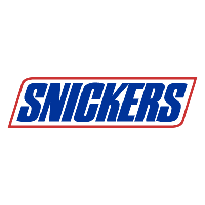 Logótipo SNICKERS com letras azuis e contorno vermelho
