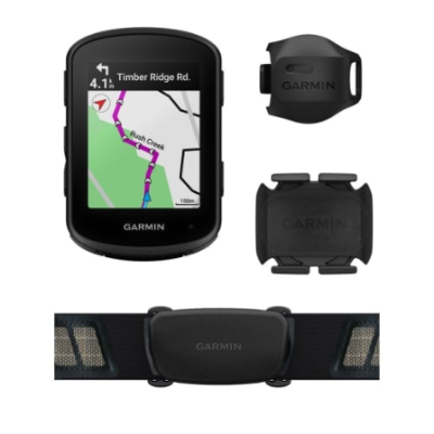 Dispositivo GPS Garmin para bicicleta com acessórios e fita de peito.