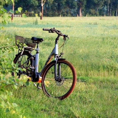 Bicicleta eléctrica cinzenta com cesto metálico em campo verde