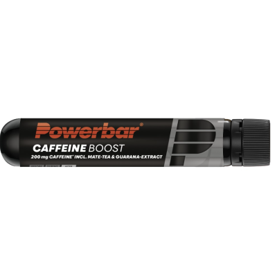 Frasco preto de suplemento Powerbar Caffeine Boost com texto branco e laranja