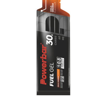 Embalagem de gel energético Powerbar sabor cola-laranja preta e laranja