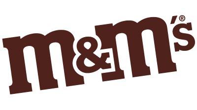 Logótipo M&Ms em castanho escuro sobre fundo preto