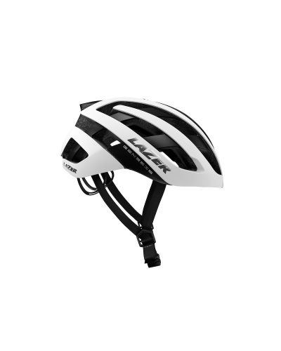 Capacete de ciclismo branco e preto com o texto LAZER GENESIS