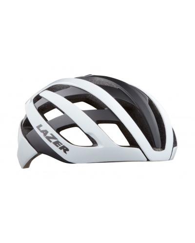 Capacete de ciclismo branco e preto com texto LAZER na lateral