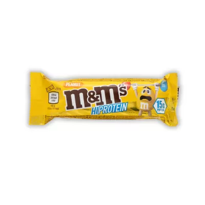 Barra M&Ms HI PROTEIN com embalagem amarela e texto destacando 15 gramas de proteína
