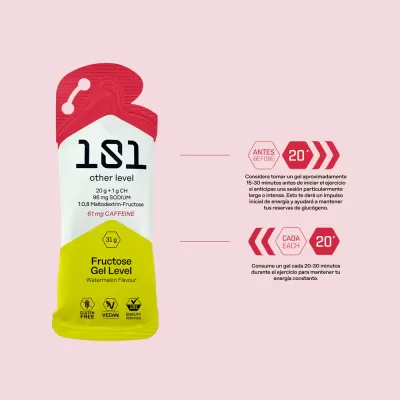 Pacote de gel energético Fructose Gel Level de melancia com informações nutricionais e etiquetas de qualidade.