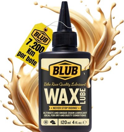 Frasco preto de lubrificante para corrente de bicicleta BLUB WAX LUBE com etiqueta amarela e cartaz com texto 7.200 km por bote.