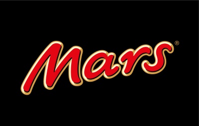 Logotipo Mars em vermelho com contorno dourado sobre fundo preto