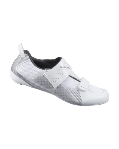 Sapato desportivo branco e cinzento com fechos velcro e texto SHIMANO