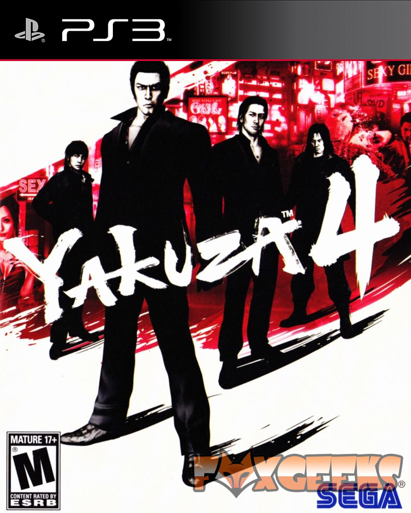 Capa do jogo Yakuza 4 para PS3 com quatro personagens em preto e branco e detalhes vermelhos.