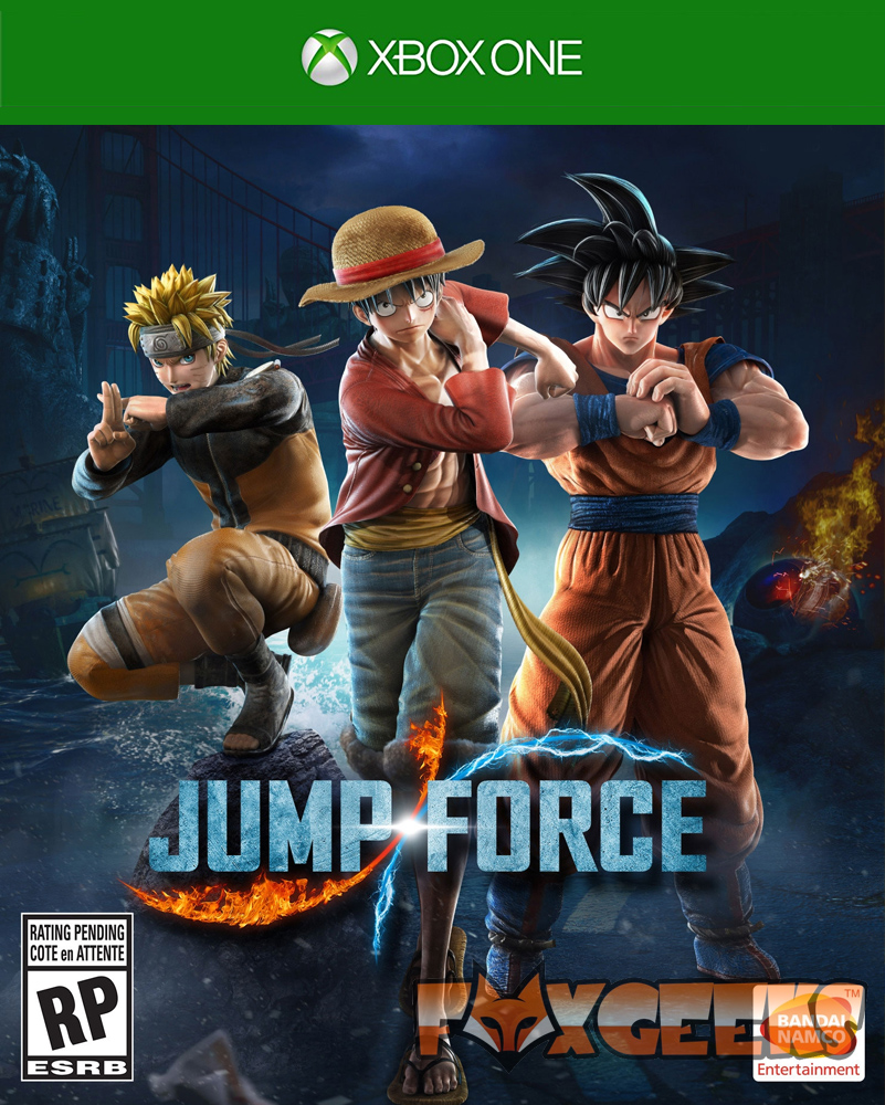 Capa do jogo Jump Force para Xbox One com personagens Naruto, Luffy e Goku