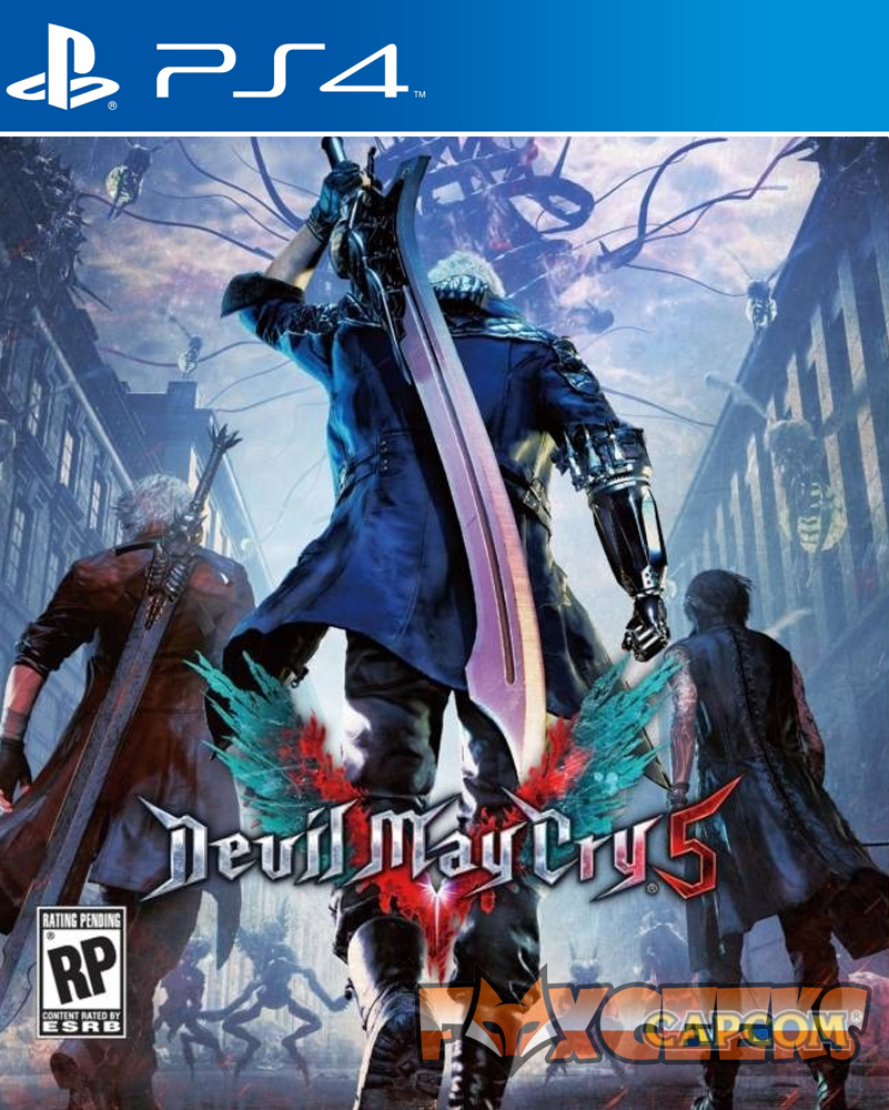 Capa do jogo Devil May Cry 5 para PS4 com três personagens e fundo urbano