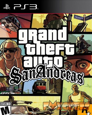 Capa do videojogo Grand Theft Auto San Andreas PS3 com personagens e texto