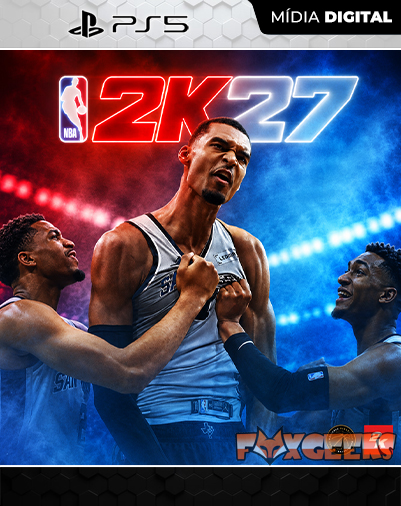 Capa do jogo NBA 2K27 para PS5 com três jogadores de basquetebol num fundo de luzes vermelhas e azuis