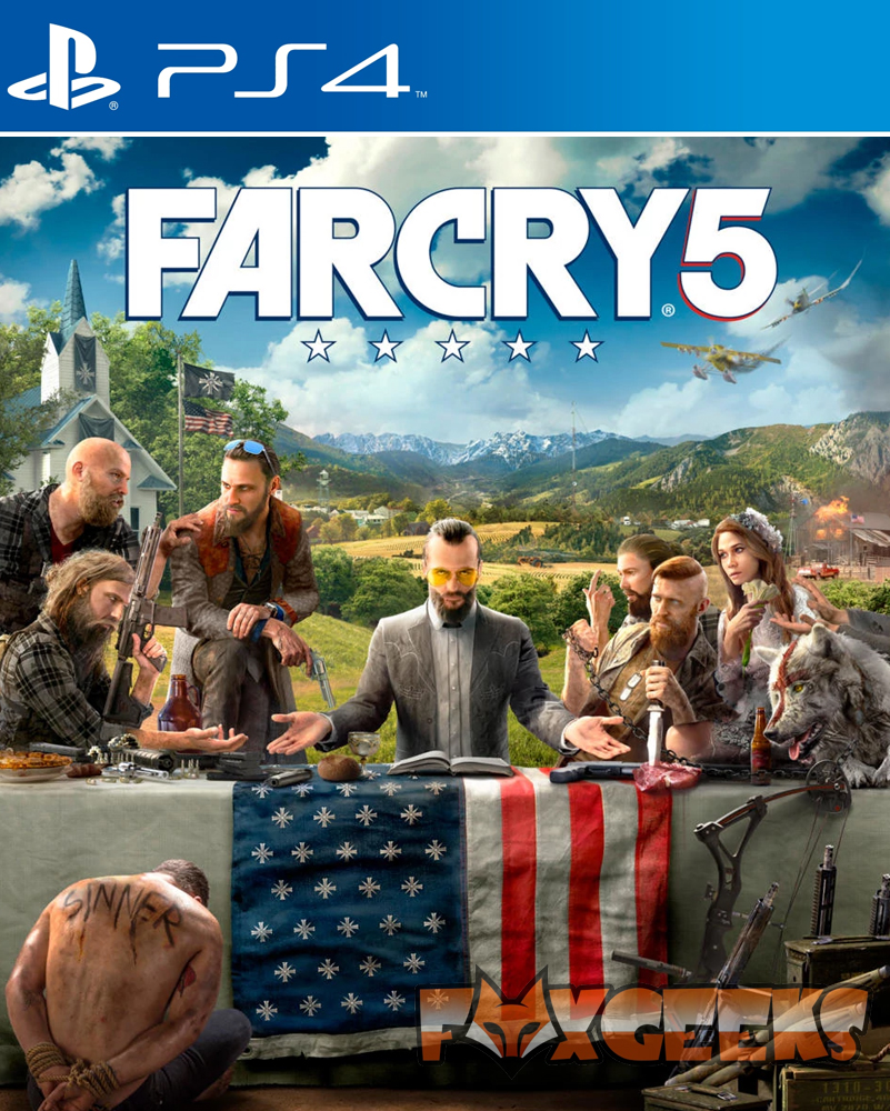 Capa do jogo FARCRY 5 para PS4 com personagens e bandeira americanizada em cenário rural