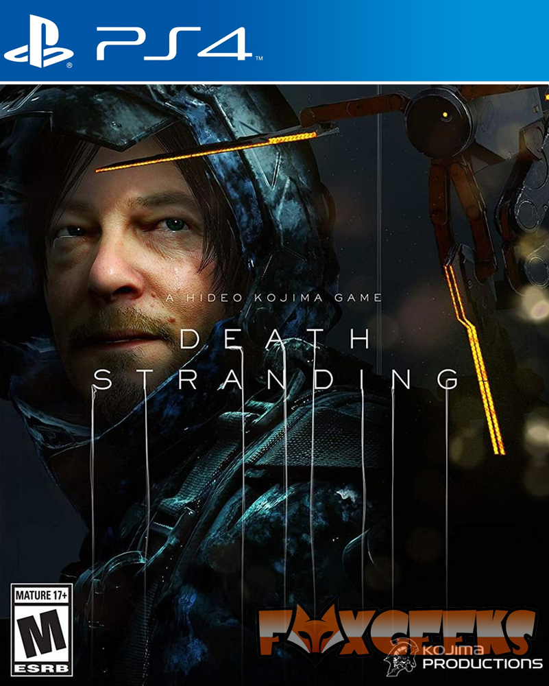 Capa do jogo PS4 Death Stranding com homem de capuz preto e logos FOXGEEKS e KOJIMA PRODUCTIONS