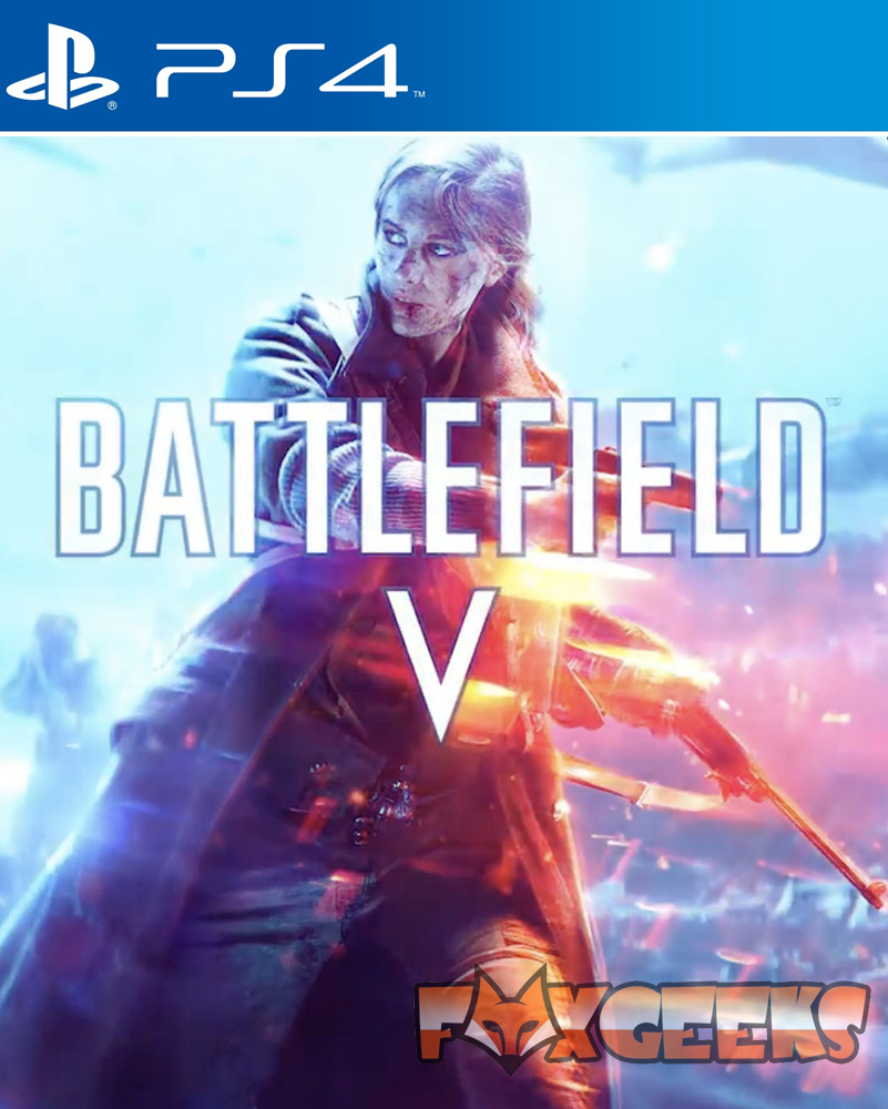 Capa do jogo Battlefield V para PS4 com figura feminina em fundo azul e texto BATTLEFIELD V