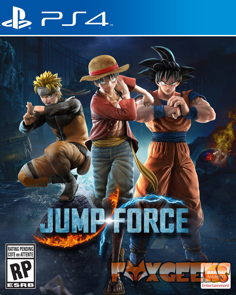 Capa do jogo PS4 Jump Force com três personagens anime em poses de luta