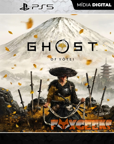 Capa do jogo PS5 Ghost of Yotei com guerreiro japonês e montanha nevada ao fundo