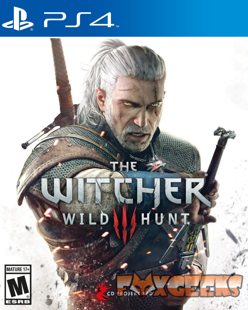 Capa do jogo The Witcher Wild Hunt para PS4 com personagem e espadas.