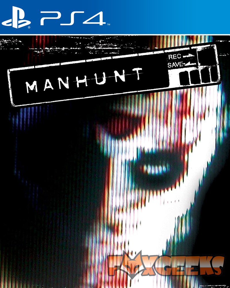 Capa do jogo Manhunt para PS4 com rosto distorcido e texto MANHUNT