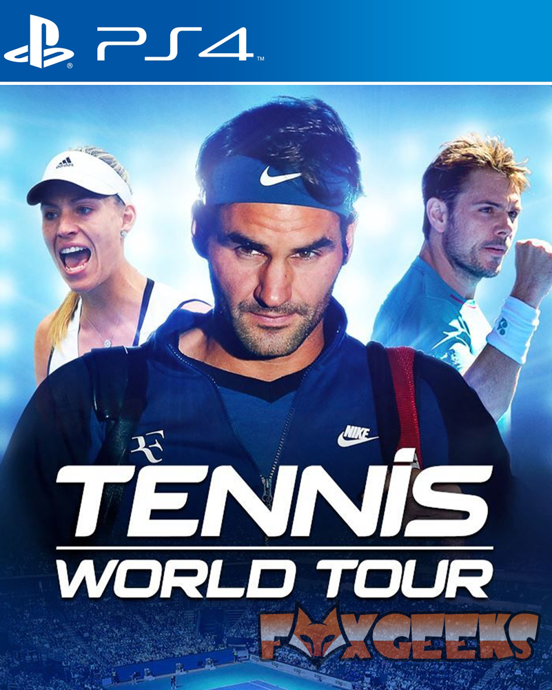 Capa do jogo PS4 TENNIS WORLD TOUR com três jogadores de ténis em destaque, fundo azul