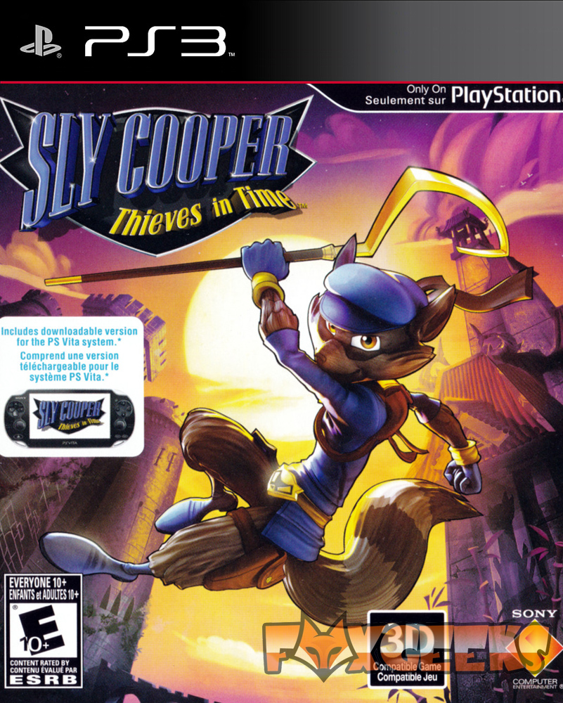 Capa do jogo PS3 Sly Cooper Thieves in Time com personagem guaxinim e elementos gráficos coloridos