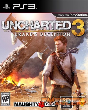 Capa do jogo PS3 Uncharted 3 com personagem e avião em queda
