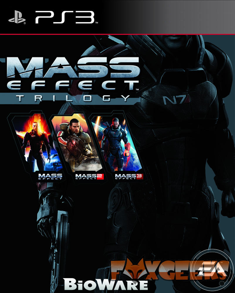 Capa do jogo Mass Effect Trilogy para PS3 com personagem em armadura preta e logos EA e BioWare