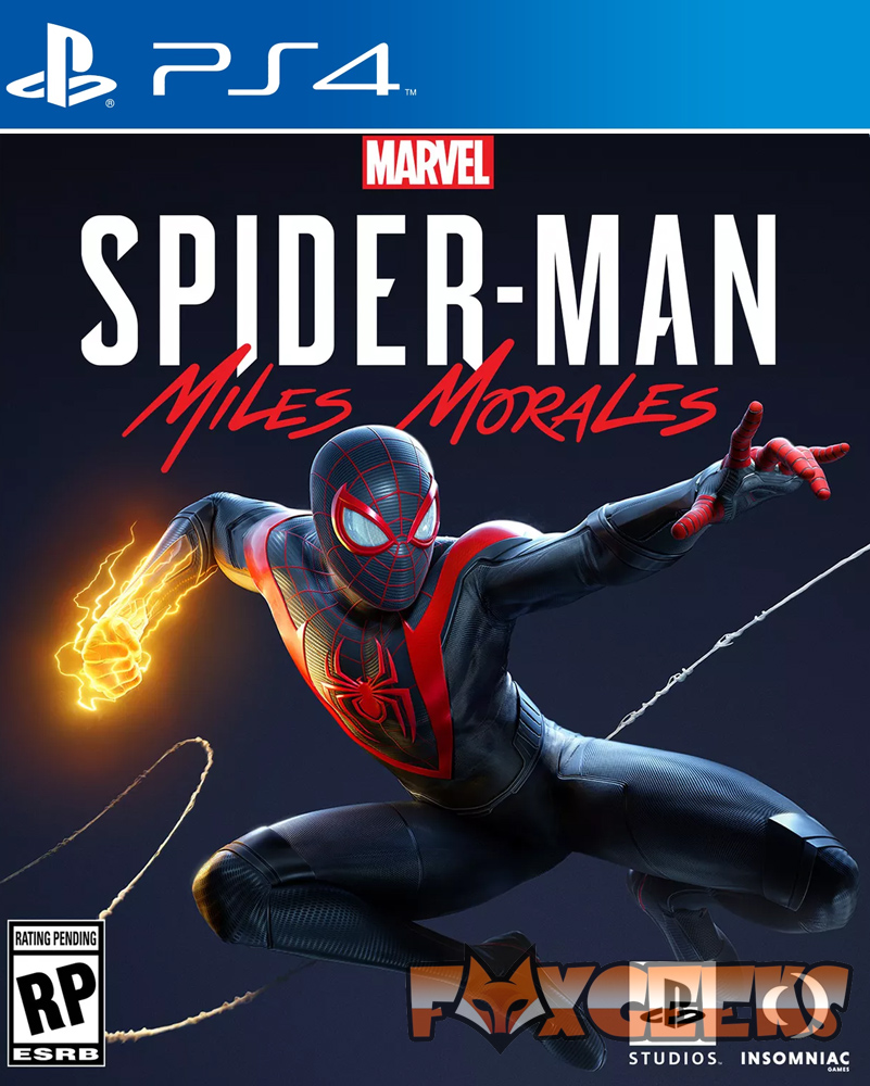 Capa do jogo Spider-Man Miles Morales para PS4 com personagem em fato negro e vermelho