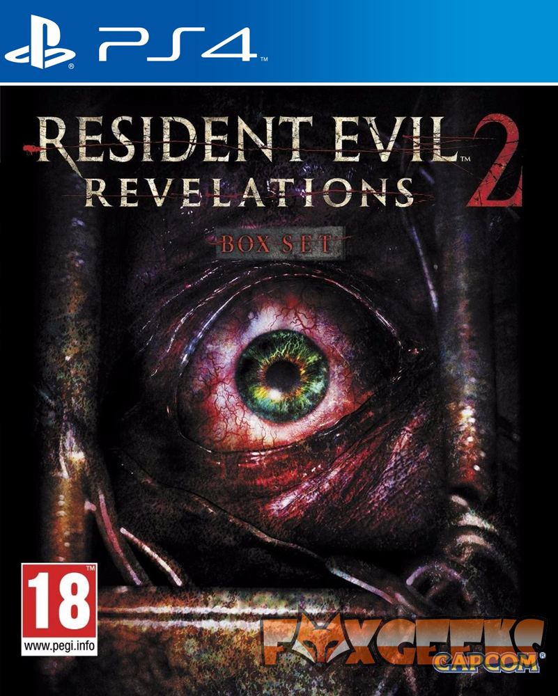 Capa do jogo Resident Evil Revelations 2 para PS4 com olho sangrento e textos em dourado e vermelho
