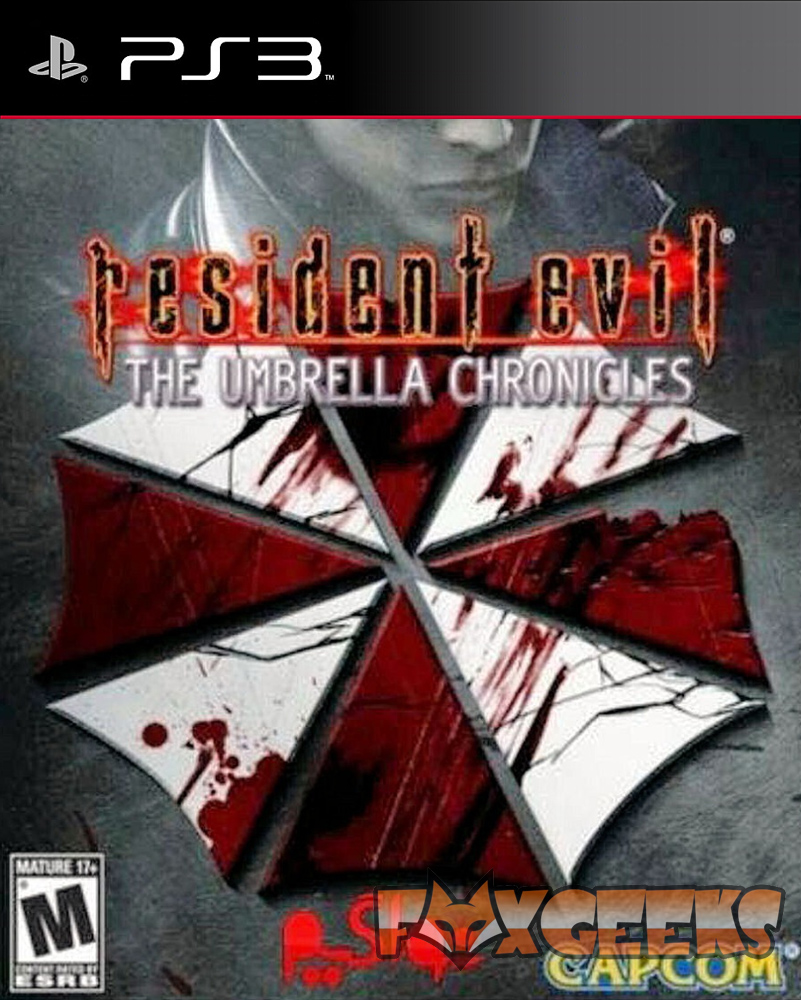 Capa do jogo PS3 Resident Evil The Umbrella Chronicles com logo de guarda-chuva com manchas de sangue