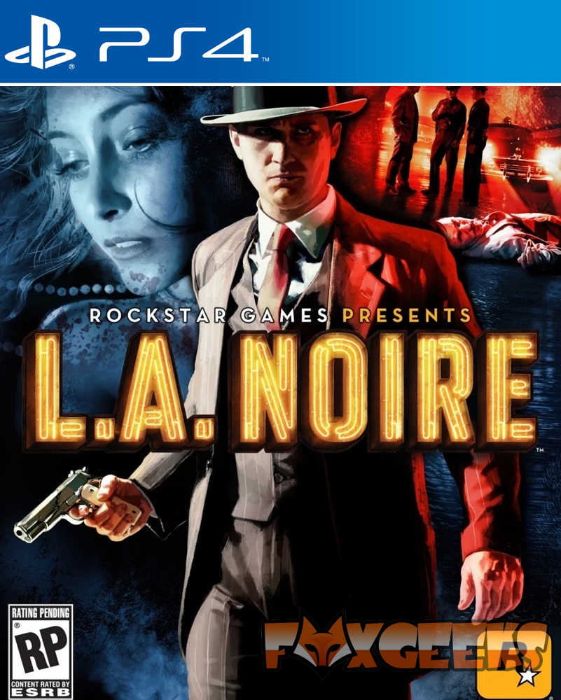 Capa de jogo PS4 L.A. NOIRE com homem de fato e pistola e mulher em fundo azul