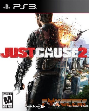 Capa do jogo JUST CAUSE 2 para PS3 com homem e explosão ao fundo