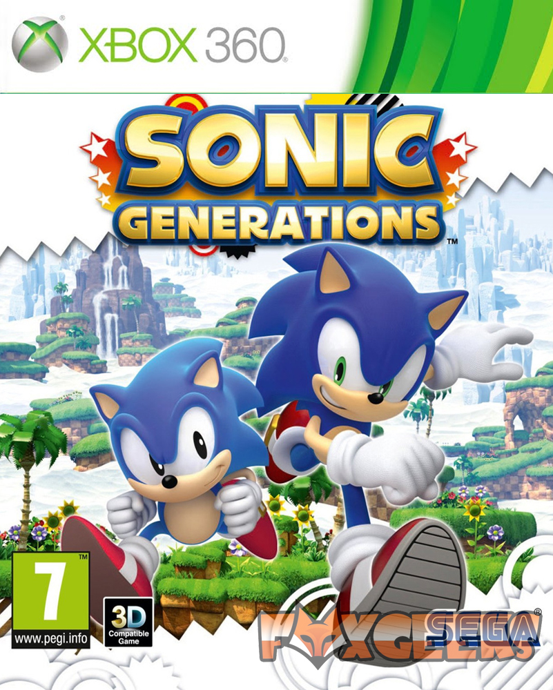 Capa do jogo SONIC GENERATIONS para Xbox 360 com personagens Sonic em 3D e logótipos