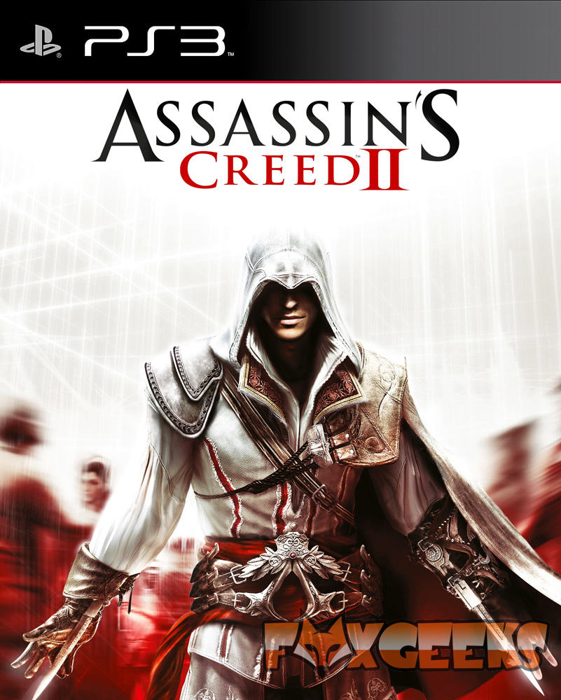 Capa do jogo Assassin's Creed II para PS3 com personagem vestido de branco e fundo vermelho.