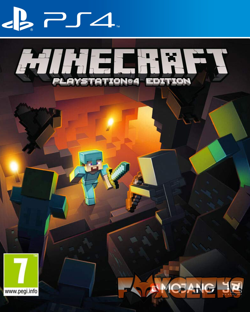 Capa jogo Minecraft PlayStation4 Edition para PS4 com personagens em caverna pixelizada