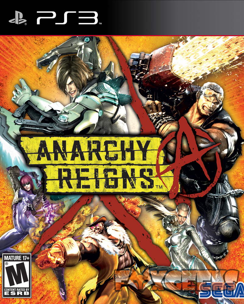Capa do jogo ANARCHY REIGNS para PS3 com vários personagens animados e textos visíveis.