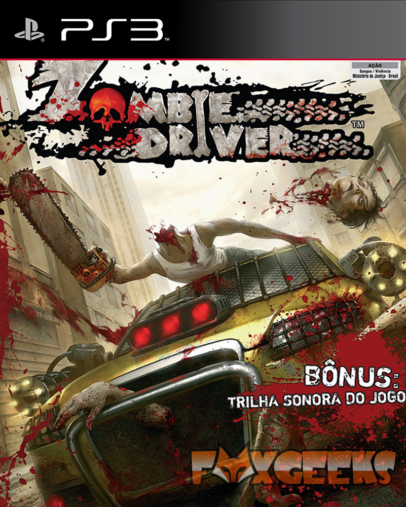 Capa do jogo PS3 Zombie Driver com carro esmagando zumbi e texto bônus
