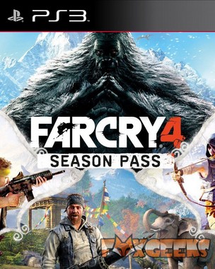 Capa do jogo Far Cry 4 Season Pass para PS3 com personagens armados e elefante
