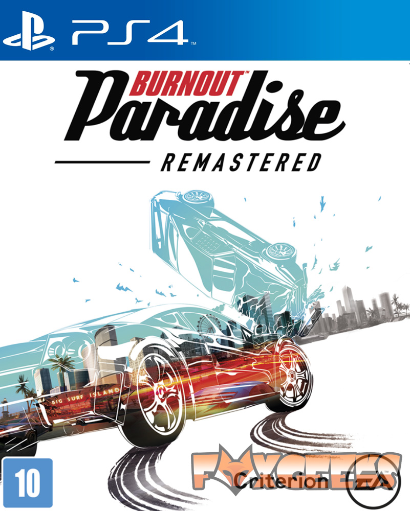 Capa do jogo Burnout Paradise Remastered para PS4 com carros em ação e logótipos