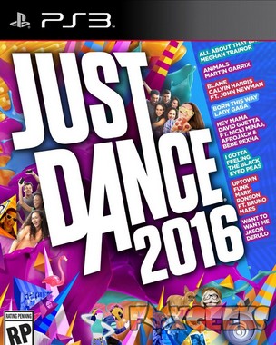 Capa do jogo Just Dance 2016 para PS3 com texto e imagens coloridas