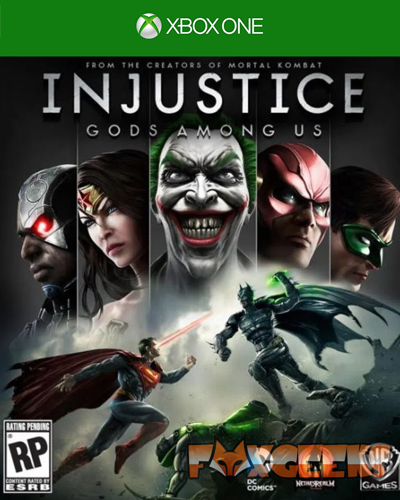 Capa do jogo Xbox One Injustice Gods Among Us com personagens da DC Comics em combate.