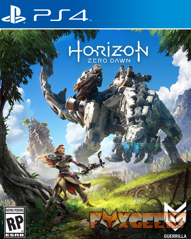 Capa do jogo Horizon Zero Dawn para PS4 com personagem humana e criatura robótica no fundo natural