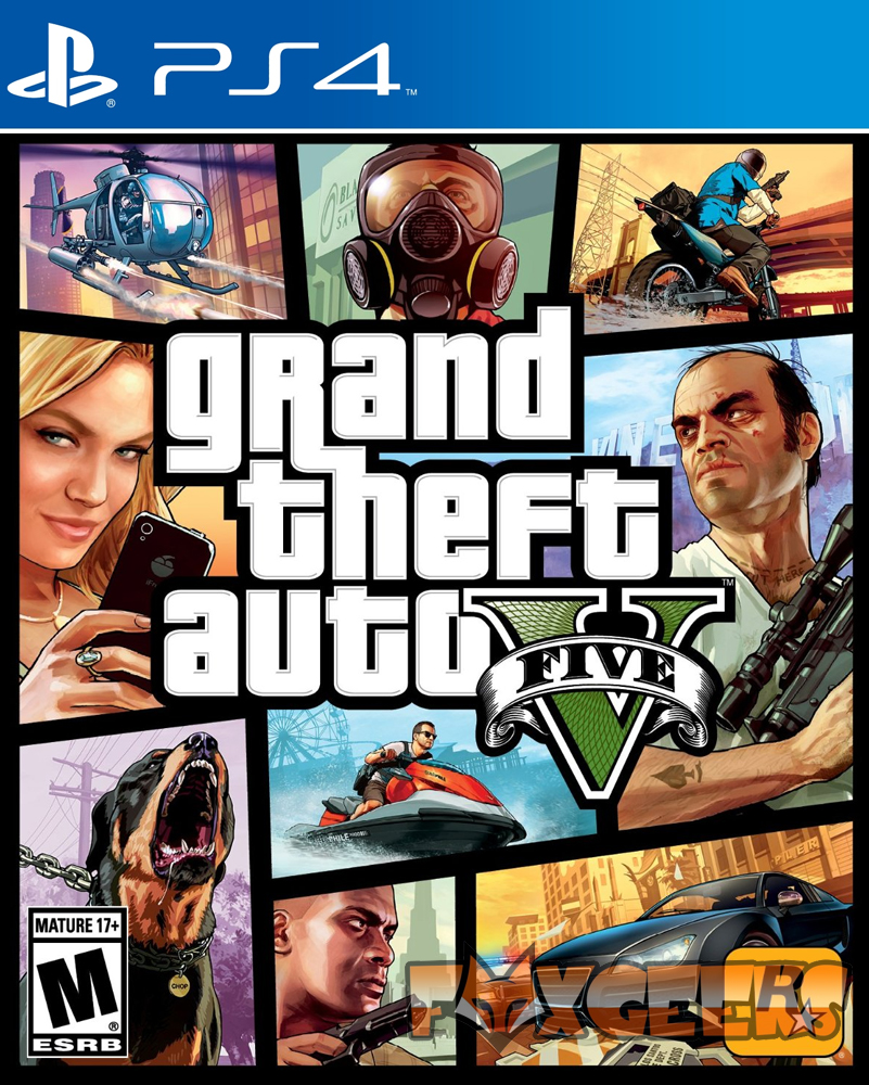 Capa do jogo PS4 Grand Theft Auto V com ilustrações e texto