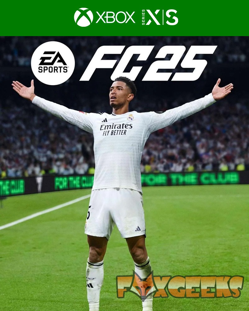 Jogador de futebol do Real Madrid em pose no campo, anúncio do EA Sports FC 25 para Xbox Series X|S