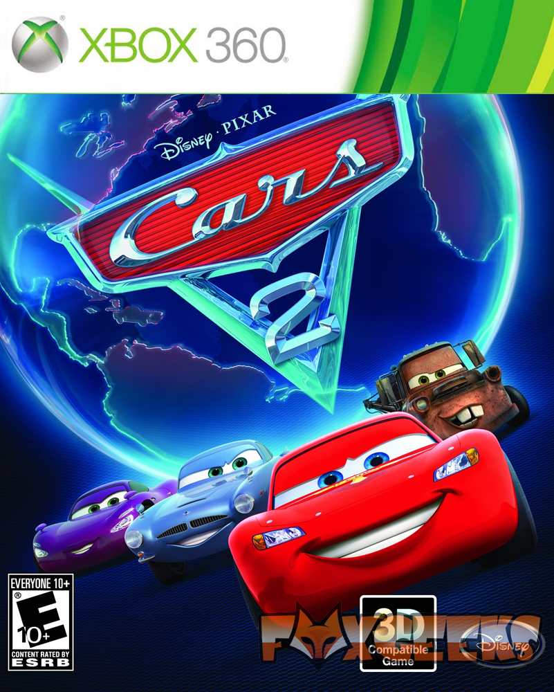 Capa do jogo Cars 2 para Xbox 360 com carros animados coloridos e globo azul de fundo